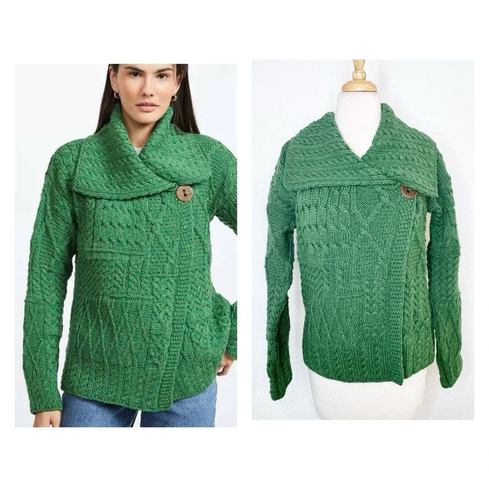 Carraig Donn Womens Merino Wool Aran Irish Wrap Sweater Size‎ XS Green Fisherman - Picture 2 of 12